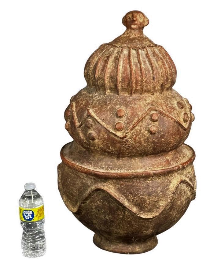 Antique Tribal Mossi People African Storage Pot: Circa 1850 Large Mossi People- Burkina Fasso, West African Ceramic Storage Container with Lid. Measures 25" tall and 15" in diameter. Comes with original 2001 purchase receipt for $2900. Good Conditio