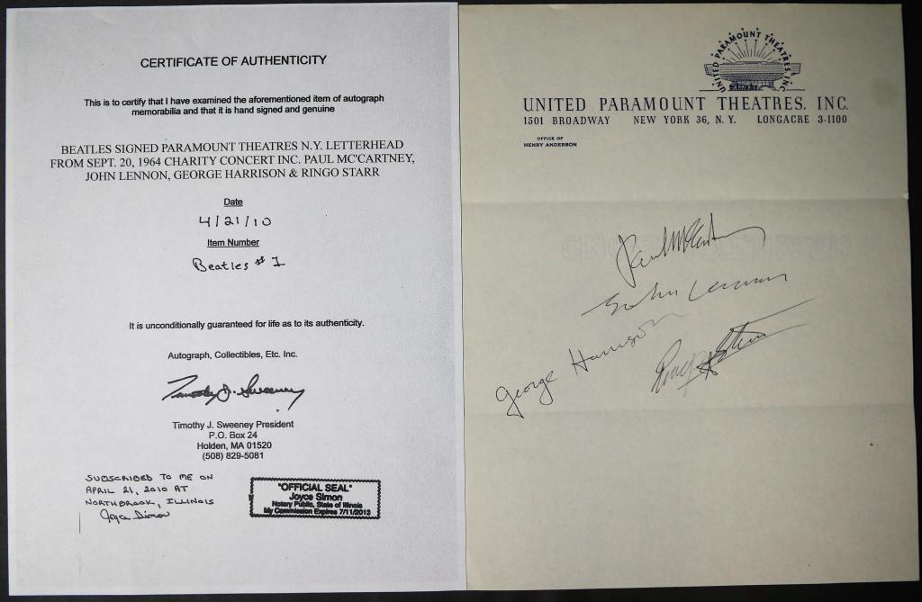 Beatles Signed Paramount Theatres Letterhead: "The Beatles" Signed/ Autographed Paramount Theatres N.Y. Letterhead from September 20, 1964 Charity Concert including Paul McCartney, John Lennon, George Harrison and Ringo Starr. Comes with Certific