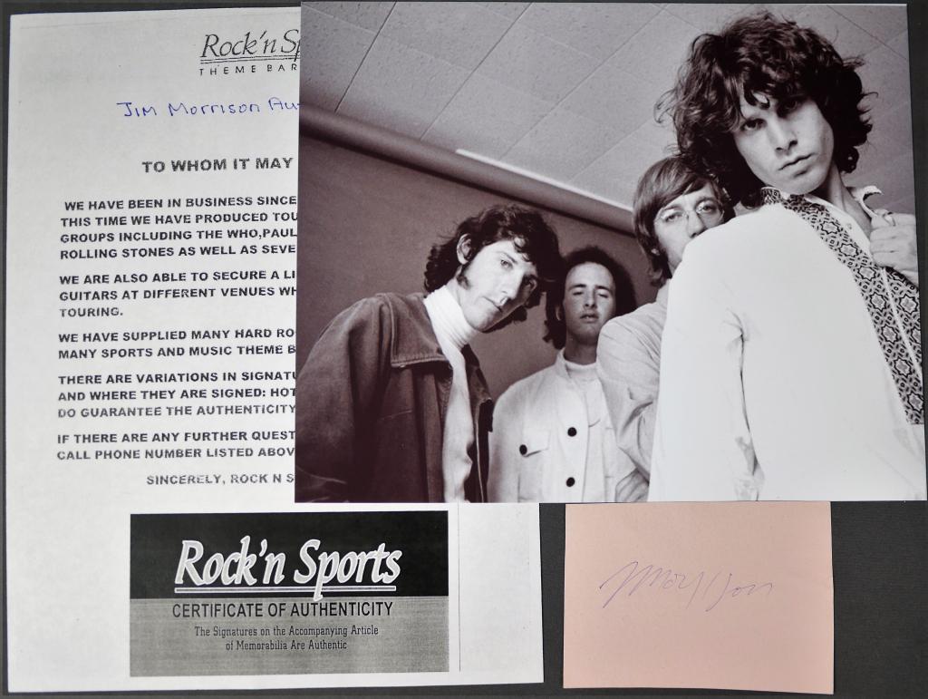 Jim Morrison "The Doors" Signature/ Autograph: Jim Morrison "The Doors" Signature/ Autograph on 4 1/2" x 3" card with 10" x 8" Photograph. Comes with Certificate of Authenticity. Condition: Good. We truly believe that this item is authentic, but E