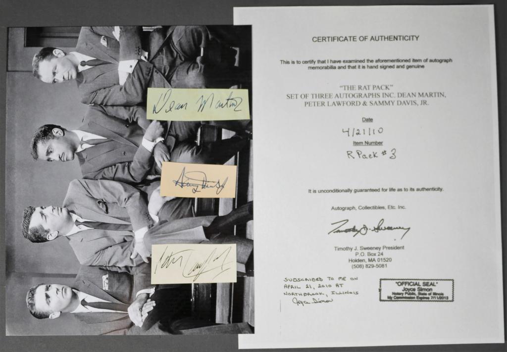 The Rat Pack- Set of 3 Signatures- Dean Martin, Pe: "The Rat Pack"- Set of 3 Signature/ Autograph Cuts- Dean Martin, Peter Lawford and Sammy Davis, Jr with 8" x 10" Photograph. Comes with Certificate of Authenticity. Condition: Good. We truly believe t