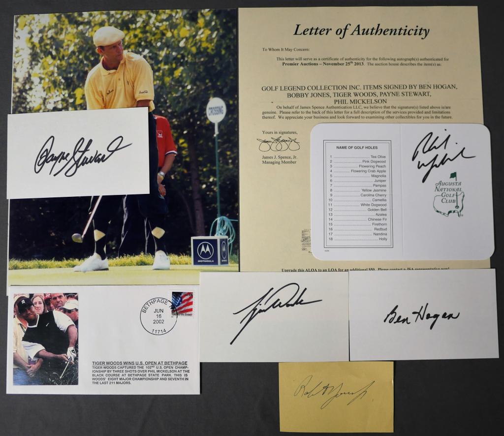 Golf Legends 5 Autographs Collection- Tiger Woods,: Golf Legends Five Autographs Collection- Ben Hogan, Bobby Jones, Tiger Woods, Payne Stewart and Phil Mickelson. Comes with Certificate of Authenticity. Condition: Good. Please, note that Esquis Auctio