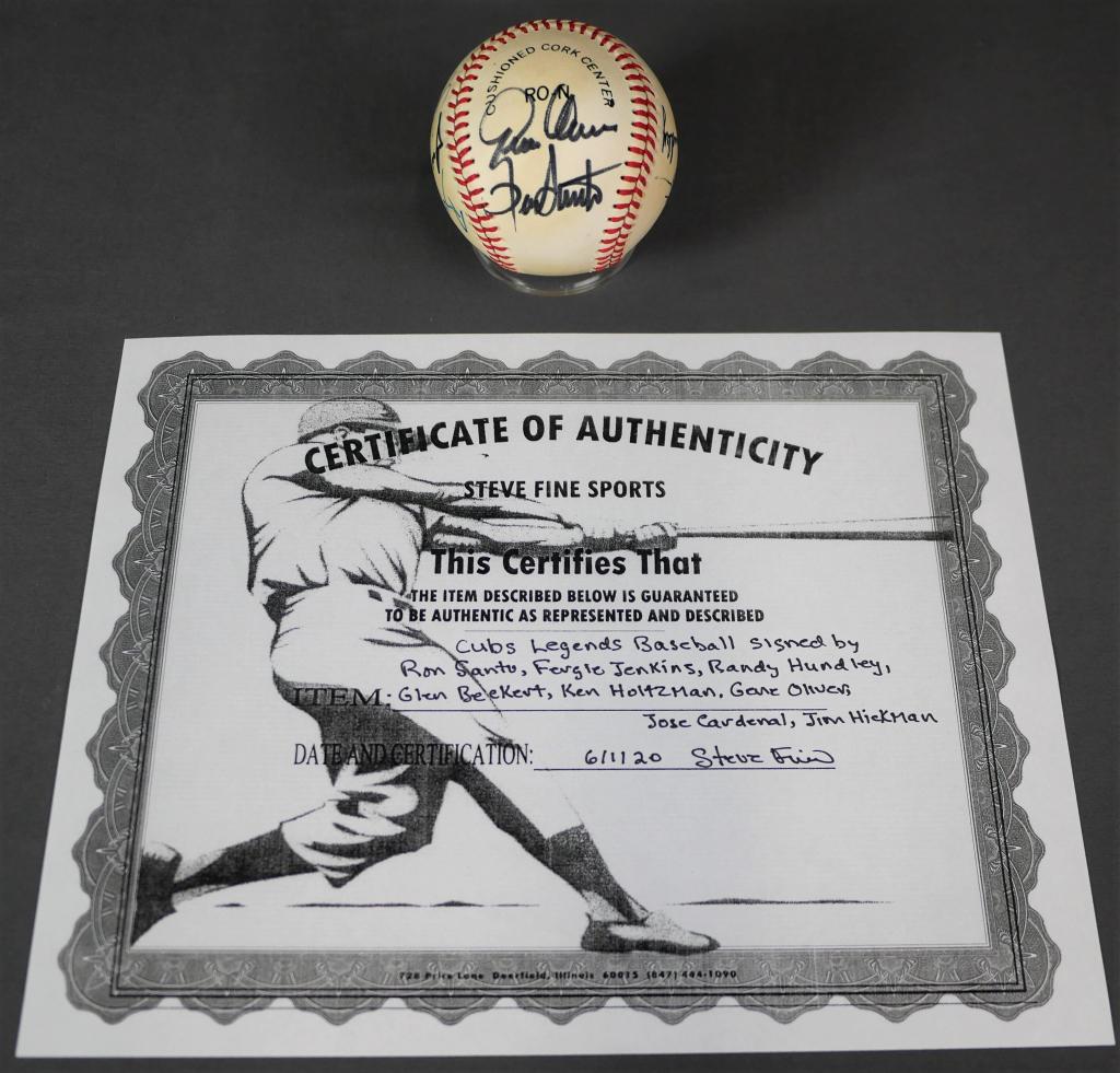 Baseball Signed by 8 Cubs Legends- Ron Santo, Ferg: Baseball Autographed by eight Cubs Legends including Ron Santo, Fergie Jenkins, Randy Hundley; Glen Beckert, Ken Holtzman, Gene Oliver, Jose Cardenal and Jim Hickman. Comes with Certificate of Authent