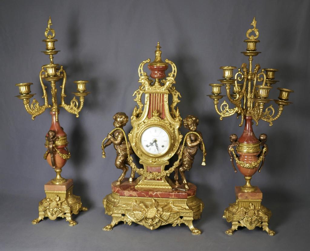 Imperial Franz Hermle Brevettato Figural Clock: Imperial Brevettato Franz Hermle Mantle Clock & Candelabra 3-Piece Set - This exquisite set includes Italian gilt brass and marble mantle clock with a pair of matching candelabras which are ornately d