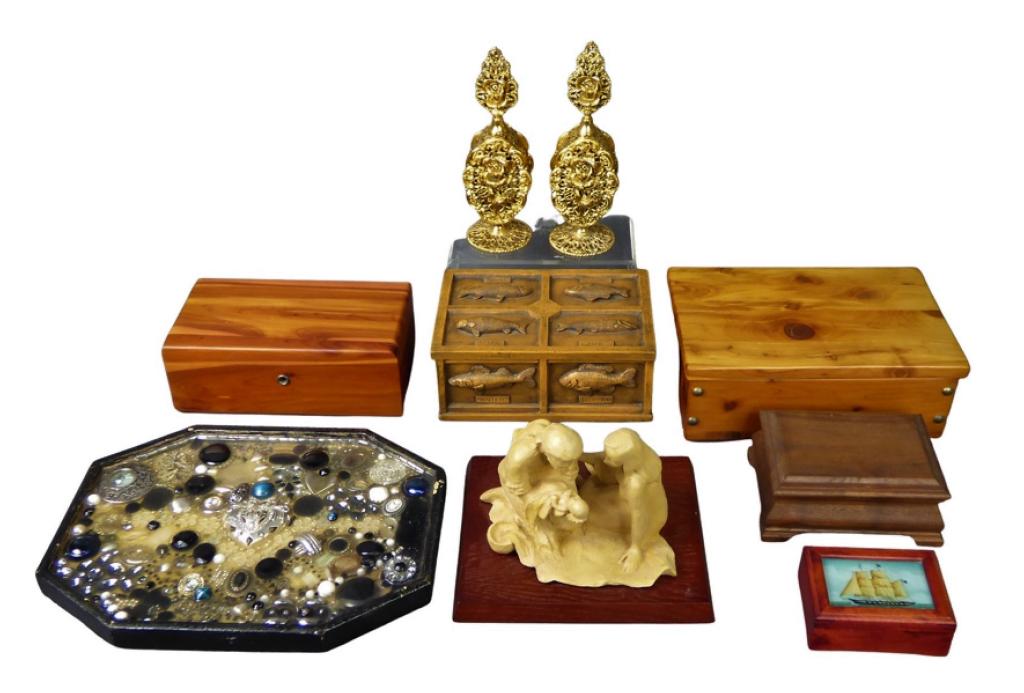 Vintage Jewelry Boxes, Filigree Perfume Bottles,: Group of Vintage Jewelry Boxes, Pair of Filigree Perfume Bottles, Halmark Holy Family Figurine by Matt Kesler, Custom Made Epoxy and Costume Jewelry Tray. All are in good overall condition.