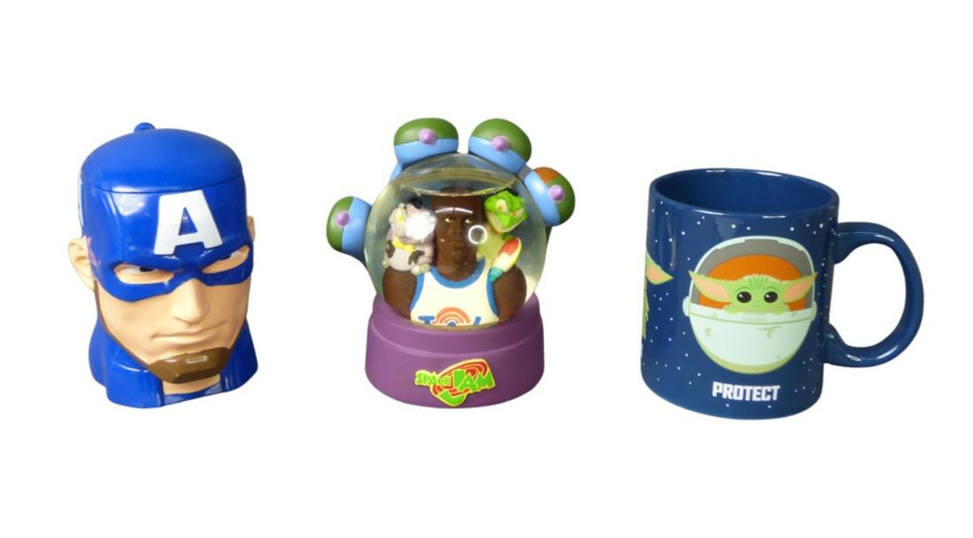 1996 Space Jam Michael Jordan Snow Globe &: 1996 Space Jam Michael Jordan Snow Globe, Marvel Captain America Molded Mug and Star Wars Baby Yoda Mug. All are in good condition.