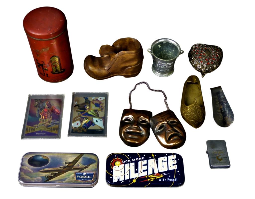 Vintage Small Collectibles- Zippo Lighter, Brass &: Group of Vintage Small Collectibles- Dean's Dairy Products Advertising Zippo Lighter; 1995 Fleer #329 Marvel Goldbaster Card; 1995 Fller #330 Marvel Deathlok Card; Vintage Brass Comedy/ Tragedy Masks;
