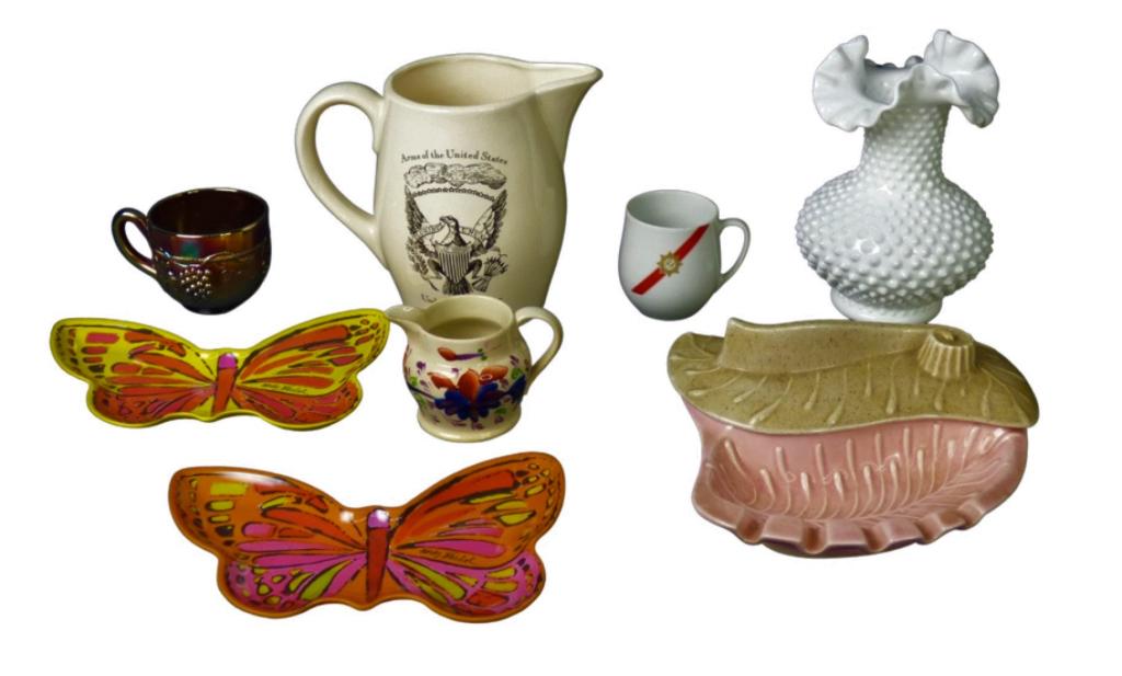 Vintage Pottery & Porcelain- Milk Glass, Pitchers,: Vintage Milk Glass Hobnail Vase; Arms of United Staets Pitcher; Valley Vista California Pottery Ashtay; Andy Warhl Butterfly Molded Plates; TWA Airlines Cup and Saucers, Carnival Glass Cup. Tallest pi