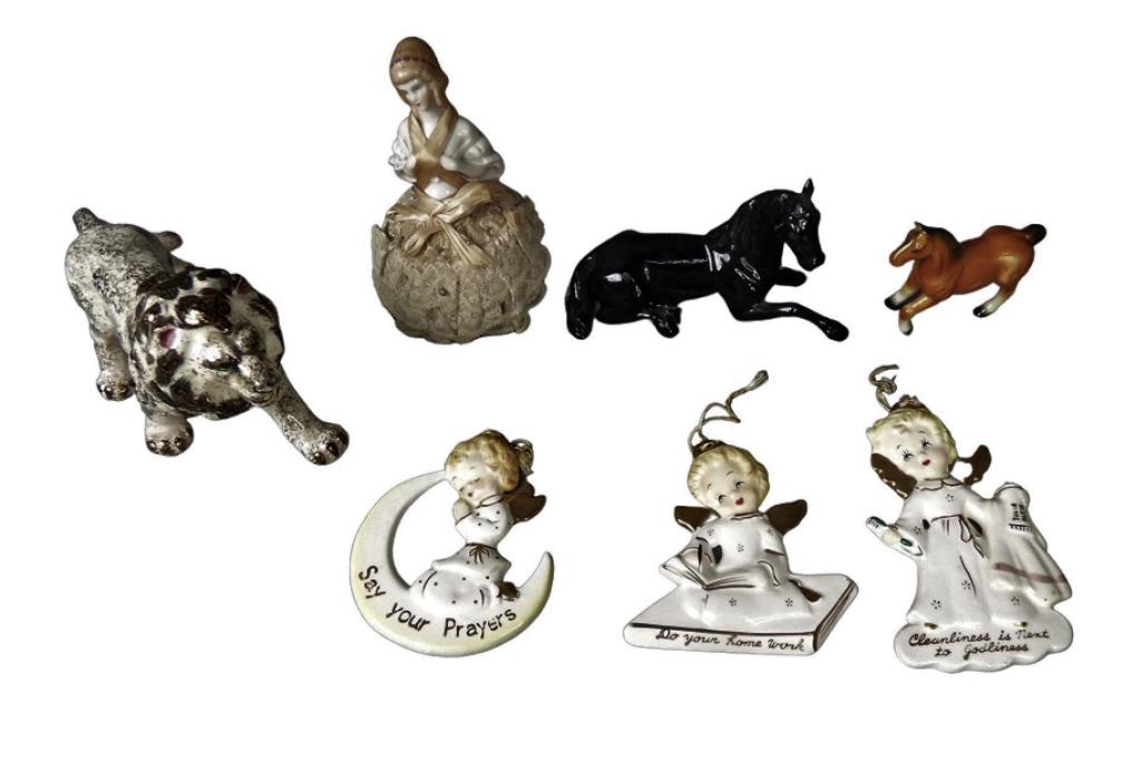 Mid Century Lefton Lion Figurine, Yona Originals,: Mid Century Lefton Lion Figurine, Yona Originals Ornamnets, 1/2 doll antique German Pin Cushion; Horse Porcelain Figurines, etc... Good overall condition.
