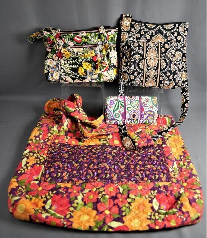 Vera Bradley Women in Rosa Hand Bags & Wallet: Two Vera Bradley "Women in Rosa" Hand Bags, One Vera Bradley Wallet and One similar in style Floral Design Tote Bag. Condition: Good Esquis Auction does not have specialists on designer purses and han
