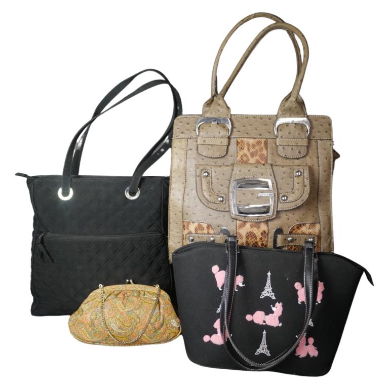 Vera Bradley, Guess & Other Purses/ Handbags: Vera Bradley Bag, Guess Handbag, Vintage Handbag with Puddles and Vintage Clutch. Used, some wear. Esquis Auction does not have specialists on designer purses and handbags and we can not guarantee aut