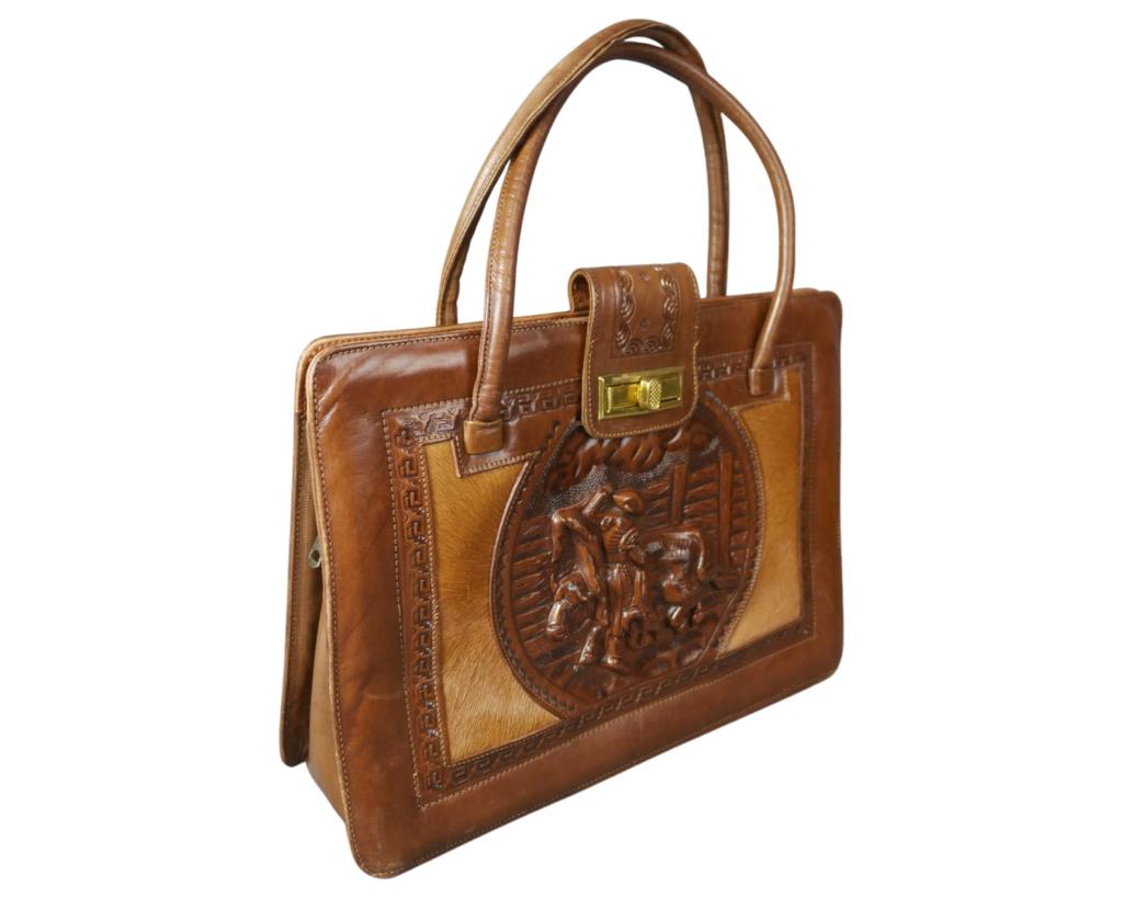 Vintage Tooled Leather Bullfighter Scene Purse Bag (1 of 6)