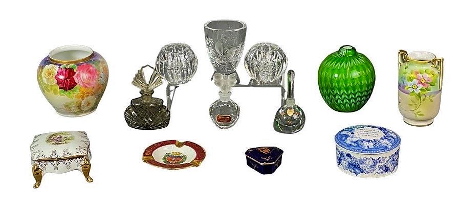 Limoges Trinket Boxes, Crystal Perfume Bottles, Ni: Group of Collectibles including Limoges trinket Boxes, Crystal Perfume Bottles, Nippon Hand Painted Vase, Venetian Glass Vase, etc.. 5"-3" tall. All are in good condition.