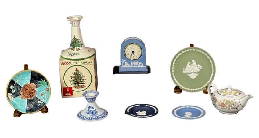 Wedgwood & Spode Porcelain- Jasperware: Wedgwood and Spode Porcelain including Jasperware Clock and ashtrays. All are in good overall condition.