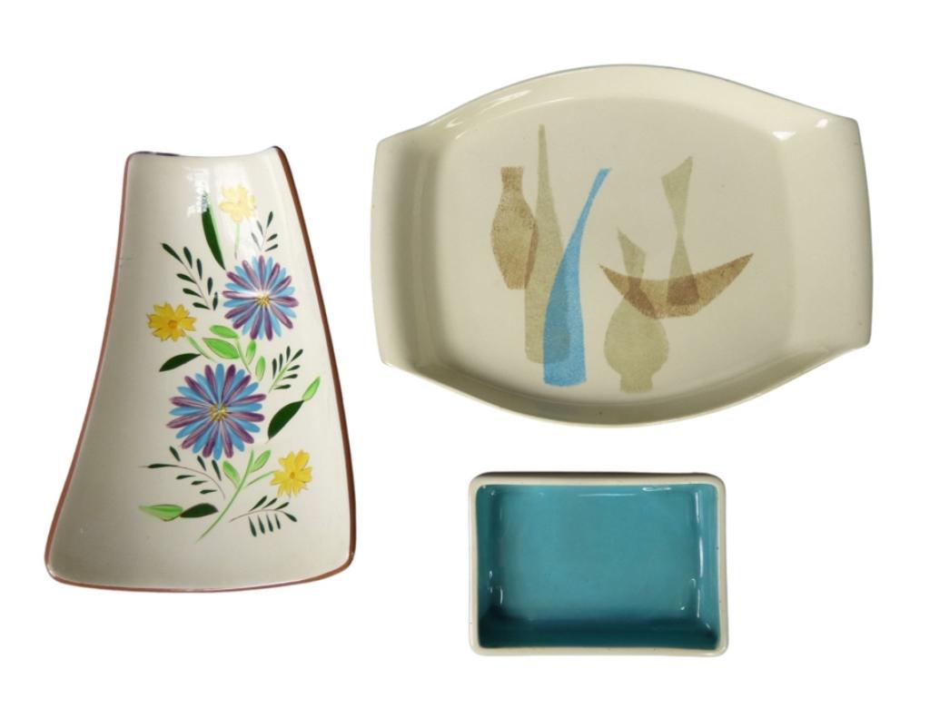 MCM Pottery- Red Wing, Stangel & Catalina Pottery: Mid Century Red Wing Pompeii Platter; Mid Century Stangel Serving Dish and Catalian Pottery Bonsai or Ikebana Container. Red wing- 13"x 10", Stangel is 11" x 7 1/2". All are in good condition.