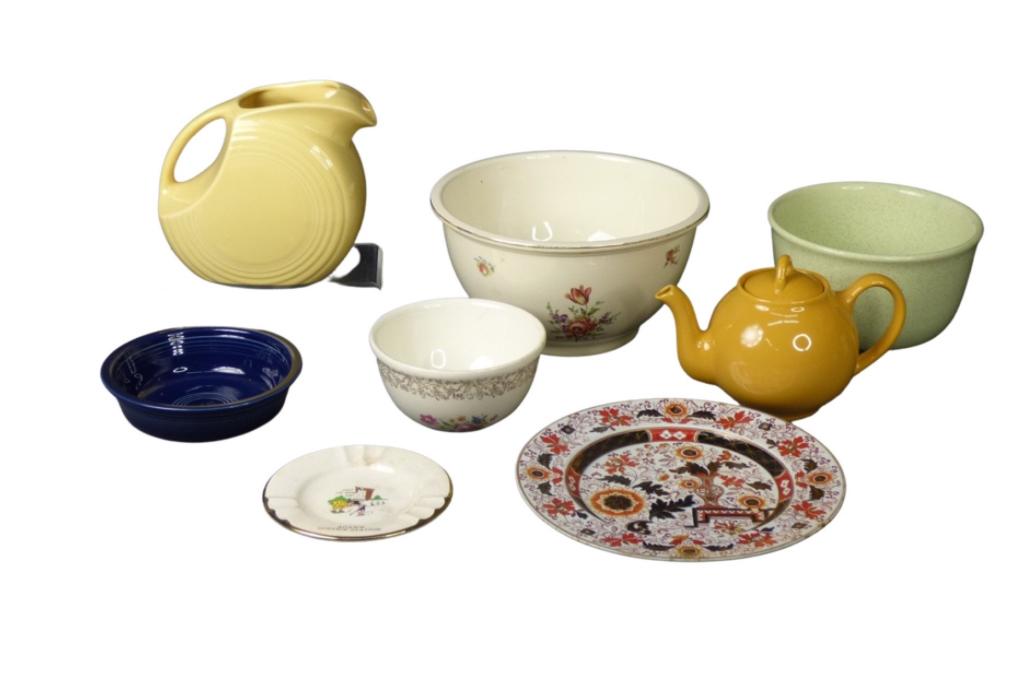 Vintage Porcelain & Pottery- Fiesta, Staffordshire: Group of Vintage Porcelain and Pottery Collectibles including Fiesta Yellow Disc Pitcher; Priscilla Ovenware Bowl; Service Station Ashtray; Yellow Liptons Teapot; Dark Blue Fiesta Bowl; Green Bauer Sp