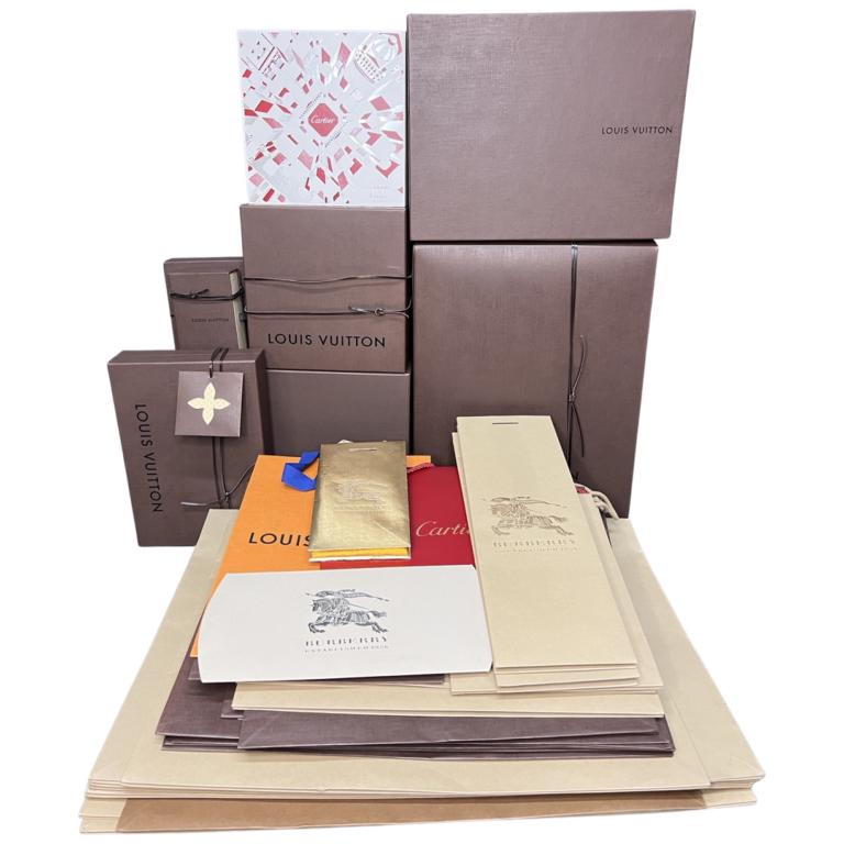 Louis Vuiton, Cartier, Burberry Boxes & Bags: Large Group of Louis Vuiton, Cartier, Burberry Boxes & Bags. All Empty
