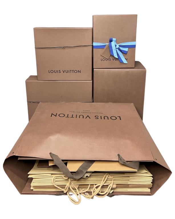 Louis Vuiton, Cartier, Burberry Boxes & Bags: Large Group of Louis Vuiton, Cartier, Burberry Boxes & Bags. All Empty