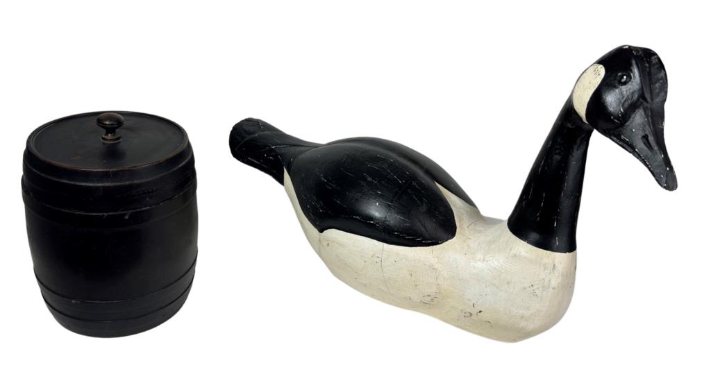 Handcarved Wood Goose Decoy/ Sculpture & Barrel: Vintage Handcarved Wooden Goose Decot and Wooden Barrel shaped Cookie Jar. Goose is 24" x 16" x 11", Jar is 11" tall and 8" in diameter. Good overall condition.