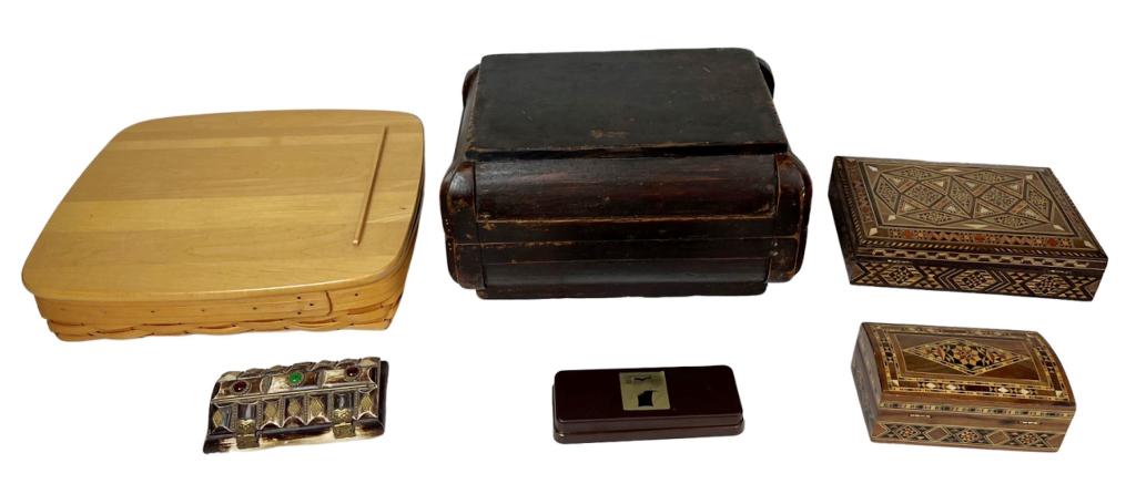 Vintage Carved Wood & Bone Jewelry & Trinket Boxes: Group of Vintage Boxes- 1999 Longaberger Handwoven Picnic Basket with Lid; Bone Inlay Small Chest Jewelry/ Treasure Box; Two Vintage Wooden Inlay Jewelry Boxes, Antique Carved Wood Jewelry Box and Vin