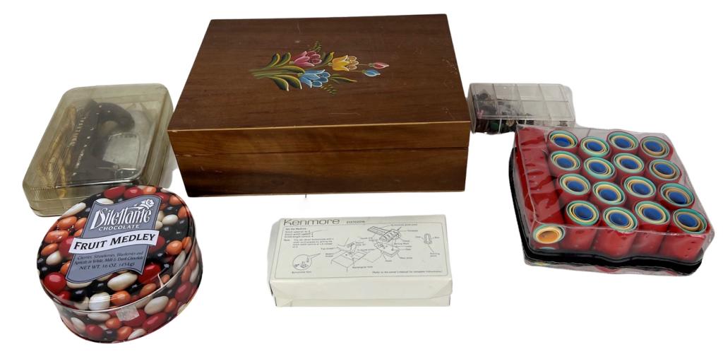 Vintage Sewing Accessories in Wooden Box, Buttons: Vintage Sewing Accessories in Wooden Box with hand painted flower on top, roundtin filed with vintage buttons; vintage travel iron, etc...