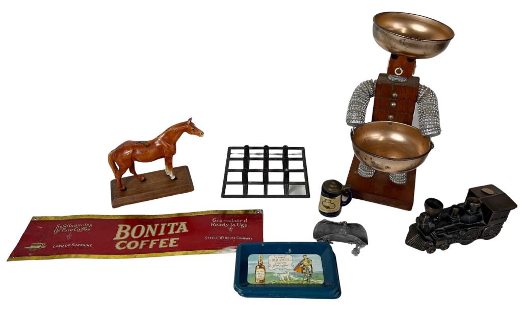 Metal Collectibles- Bottle Cap Man, Horse Statue,: Group of mostly metal Collectibles- Bottle Cap Man, Metal Horse Statue; Vintage Metal Square Tiny Taper Candleholder; Miniature Falstaff Beer Stein; Bonita Coffee Tin Advertising Sign; Vintage Banthri