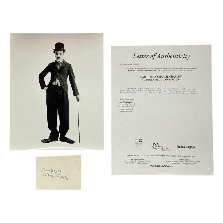 "Faithfully Charlie Chaplin" Signature/ Autograph: "Faithfully Charlie Chaplin" Signature/ Autograph with 8" x 10" Photograph. Comes with Certificate of Authenticity. Condition: Good. We truly believe that this item is authentic, but Esquis Auctions d