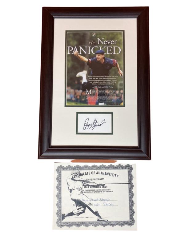 Payne Stewart Framed Golf Autograph/ Signature: Payne Stewart Autograph/ Signature. Professionally Framed. 21 1/2" x 15". Comes with Certificate of Authenticity. Condition: Good. We truly believe that this item is authentic, but Esquis Auctions doe