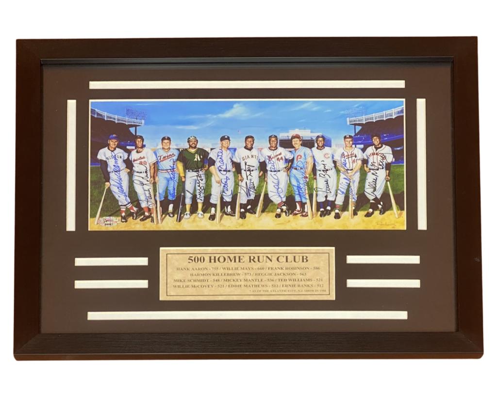 "500 Home Run Club" Baseball Legends Signed Poster: Classic 1988 poster of the eleven then-living members of the elite 500 Home Run Club, by renowned sports artist Ron Lewis, Signed/ Autographed by Ted Williams, Frank Robinson, Harmon Killebrew, Reggie
