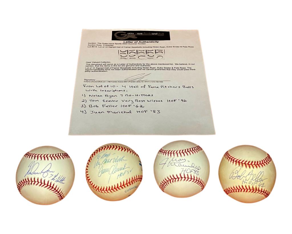 4 Hall of Fame Pitchers Autographed Baseballs: Lot of four Hall ofFame Pitchers Official near Mint Baseballs with insvriptions: - Nolan Ryan 7 No-Hitters; - Tom Seaver Very Best Wishes HoF '92; - Bob Feller HoF '62; - Juan Marichal HoF '83. Comes 