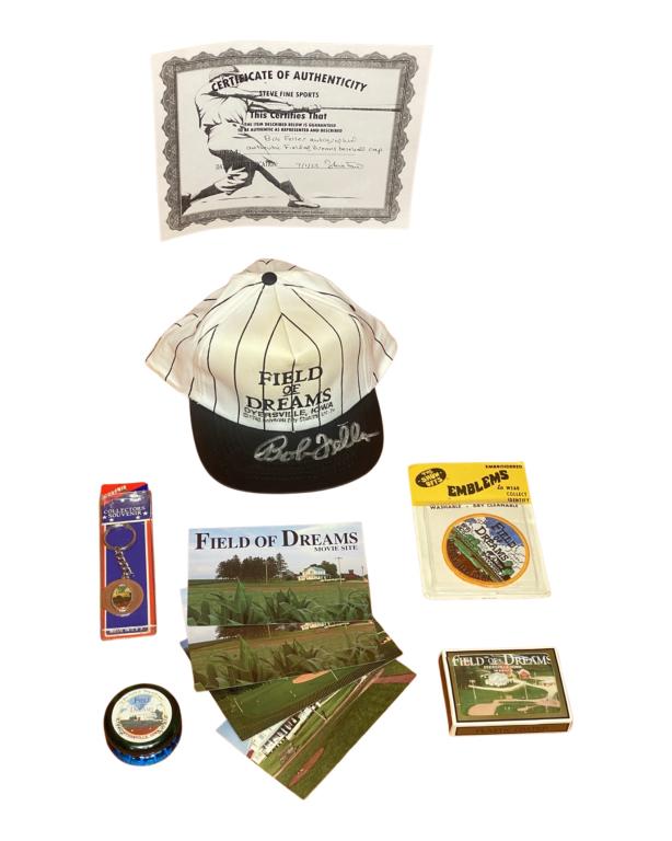 Bob Feller Signed Field of Dreams Baseball Cap Hat: Bob Feller "Field of Dreams" Signed/ Autographed Baseball Cap with group of "Field of Dreams" Collectibles- Yoyo, Keychain,Deck of Cards, Patch. Come with Certificate of Authenticity. Condition: Good.