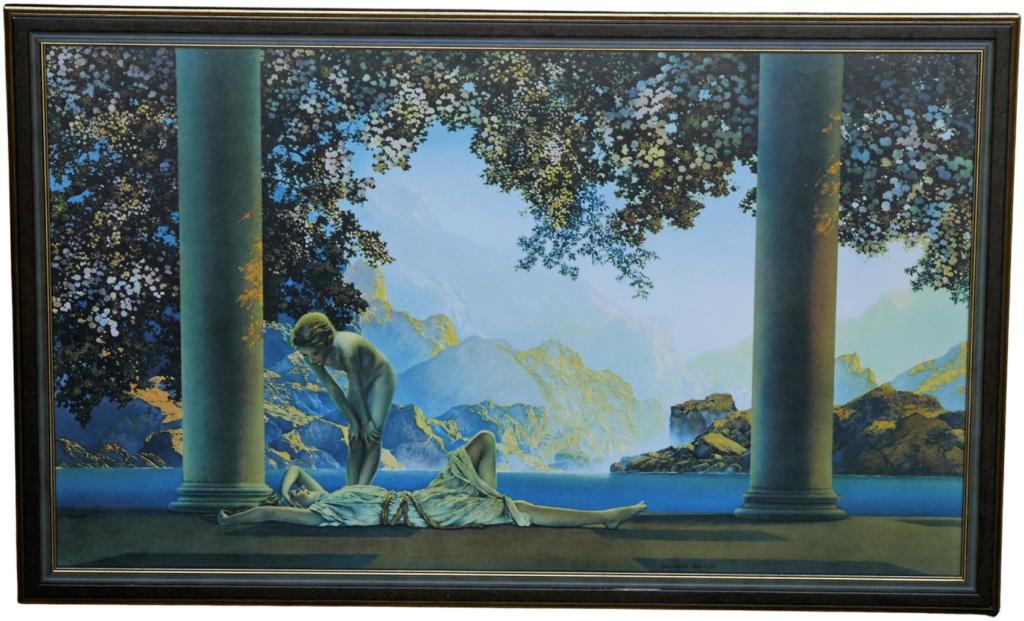 Maxfield Parrish "Daybreak" Antique Lithograph: Maxfield Parrish (1870-1966, American). Antique "Daybreak" Framed Lithograph Print. Measures 32" x 20" framed. Good condition.