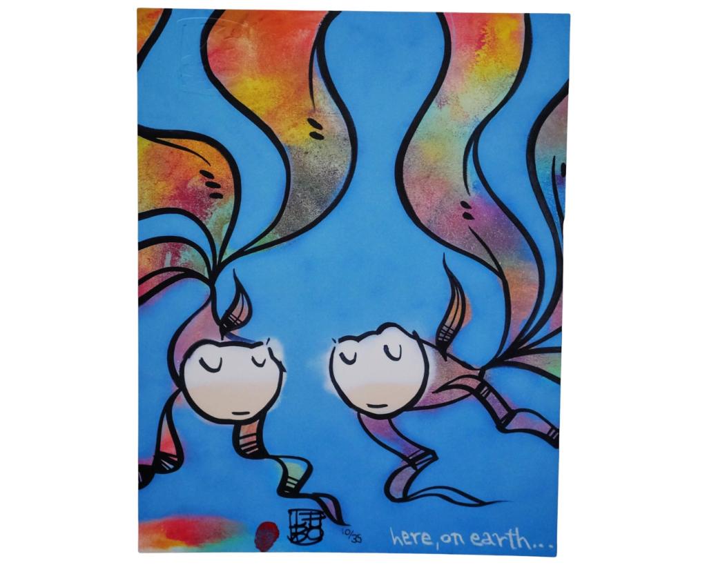 David Le Batard Lebo Limited Edition Signed Print: David Le Batard (Lebo) (1972- , Cuban American). Limited Edition Sketchbook Print of Fish titled "Here, on Earth". Signed and numbered 10/ 35. 8 1/2" x 11". Good Condition.