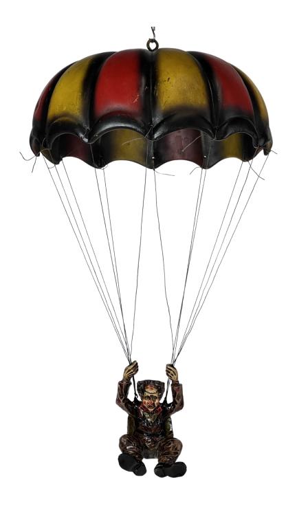 Allan Agohob 70's Hand Painted Clown w/ Parachute: Allan Agohob (20th Century). Vintage 1970's Hand Painted Sculpture of Clown with Parachute. Approx. 20" total length, Parachute is 5" in diameter. Good Condition.