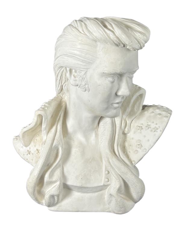 Elvis Presley King of Rock 'n' Roll Bust Sculpture: Elvis Presley's Large Plaster Sculpture/ Bust. 19" x 17" x 9". Good Overall condition, one small chip on base at the back.