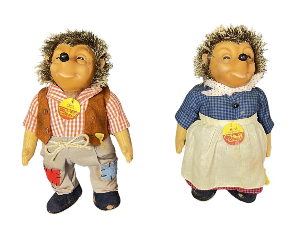 Vintage Steiff Pair- Mecki & Micki Hedgehog Dolls: Pair of 1950's Steiff German Mecki and Micki Hedgehog Dolls with original tags. 10"-10 1/2" tall. Good Condition.