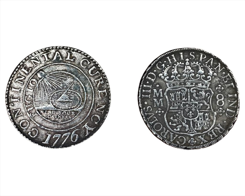 1776 Continetal Currency Dollar & 1760 8 Reales: Two quality replicas of two rare coins- 1776 Coninental Currency Dollar and 1760 Spanish Colony 8 Reales Coin.