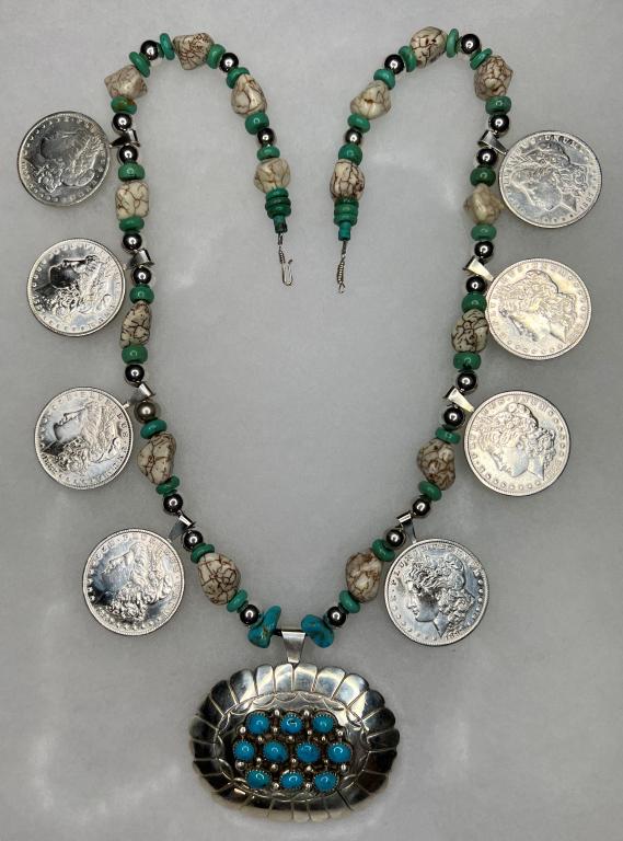 Sterling Silver, Turquoise & Dollars Necklace (1 of 6)