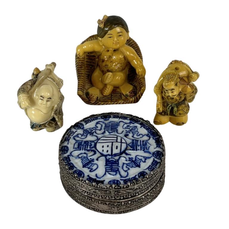 Vintage Asian Carved Netsuke Figurines & Trinket: Vintage Netsuke Figurines and Asian Trinket Box. 2"-3" tall. Good Condition.