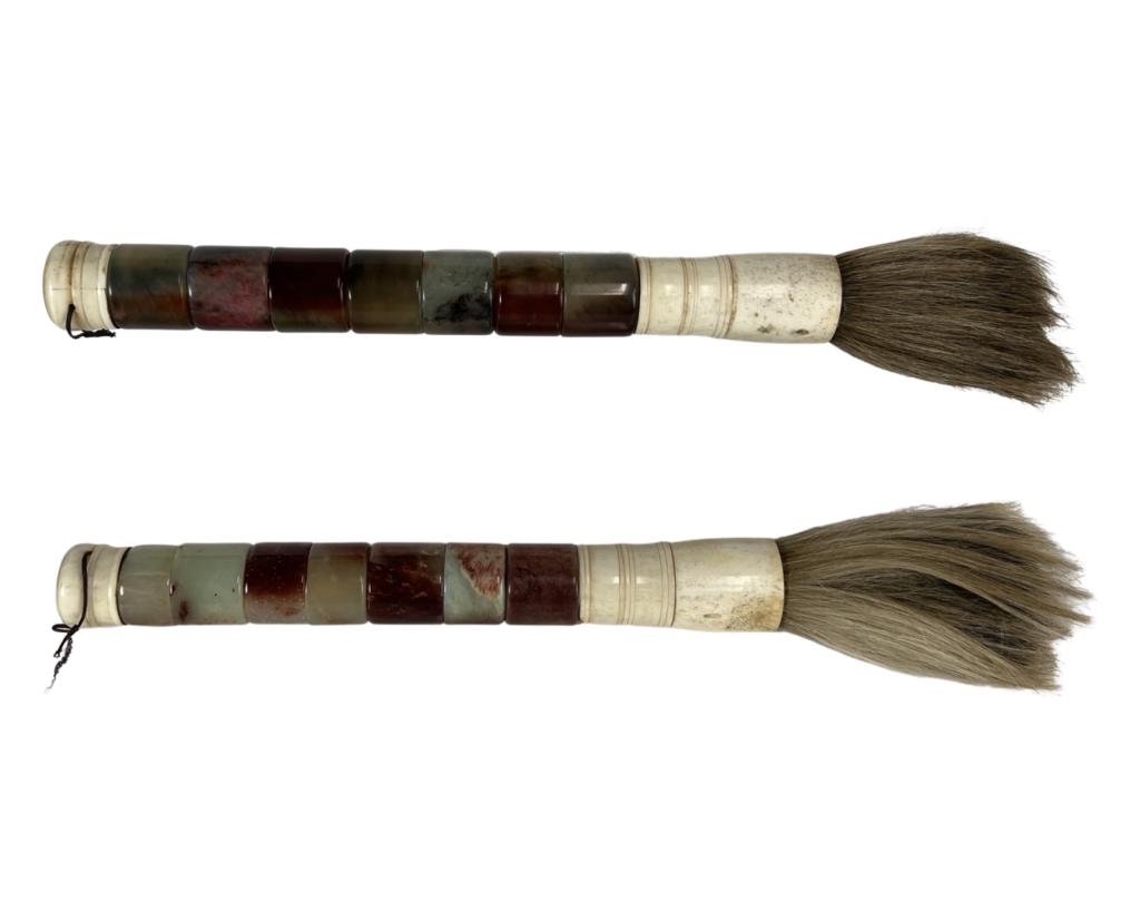 Antique Chinese Bone & Onyx Calligraphy Brushes: Two Large Antique Chinese Calligraphy Brushes. Handles made of bone and Onyx. 16" long. Good condition.