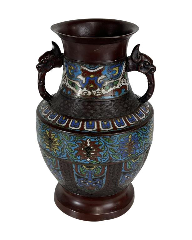 Antique Asian Enamel Champleve Cloisonne Vase: Antique Asian Enamel Champleve Cloisonne Vase. 12" tall. Missing bottom.