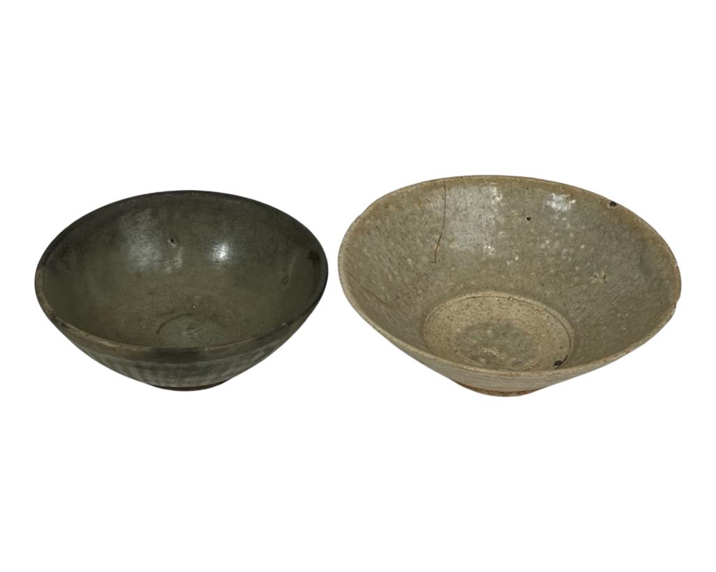 15-16th C Thai Ayutthaya or Chinese Pottery Bowls: Two 15th-16th Century Thai Ayutthaya or Chinese made for Thai Pottery Bowls. 2 1/2" x 7" & 2 1/4" x 5 1/2". Good overall condition showing some age related wear, one has repair.