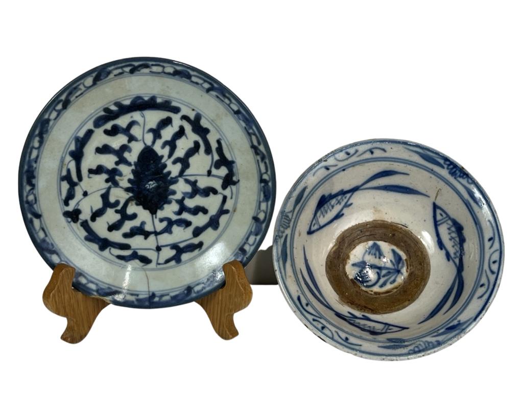 15-16th C Thai Ayutthaya or Chinese Pottery Bowls: Two 15th-16th Century Thai Ayutthaya or Chinese made for Thai Pottery Bowls. 2 1/2" x 7" & 1" x 7". Good overall condition showing some age related wear, one chip by the rim and haircrack
