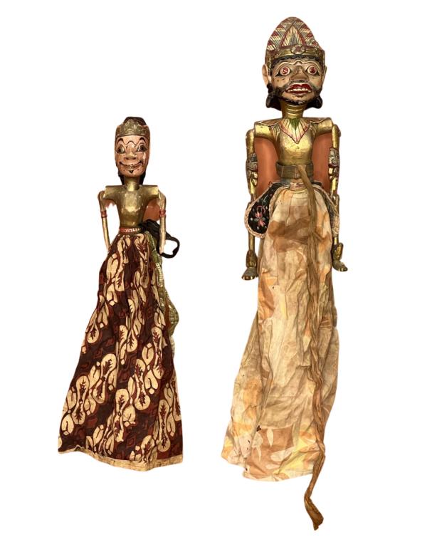Two Antique Wayang Golek Indonesian Java Puppets: Two Antique Wayang Golek Indonesian Java Puppets. Hand Carved and Hand Painted. 27"-20 1/2" tall. Show some wear, as found