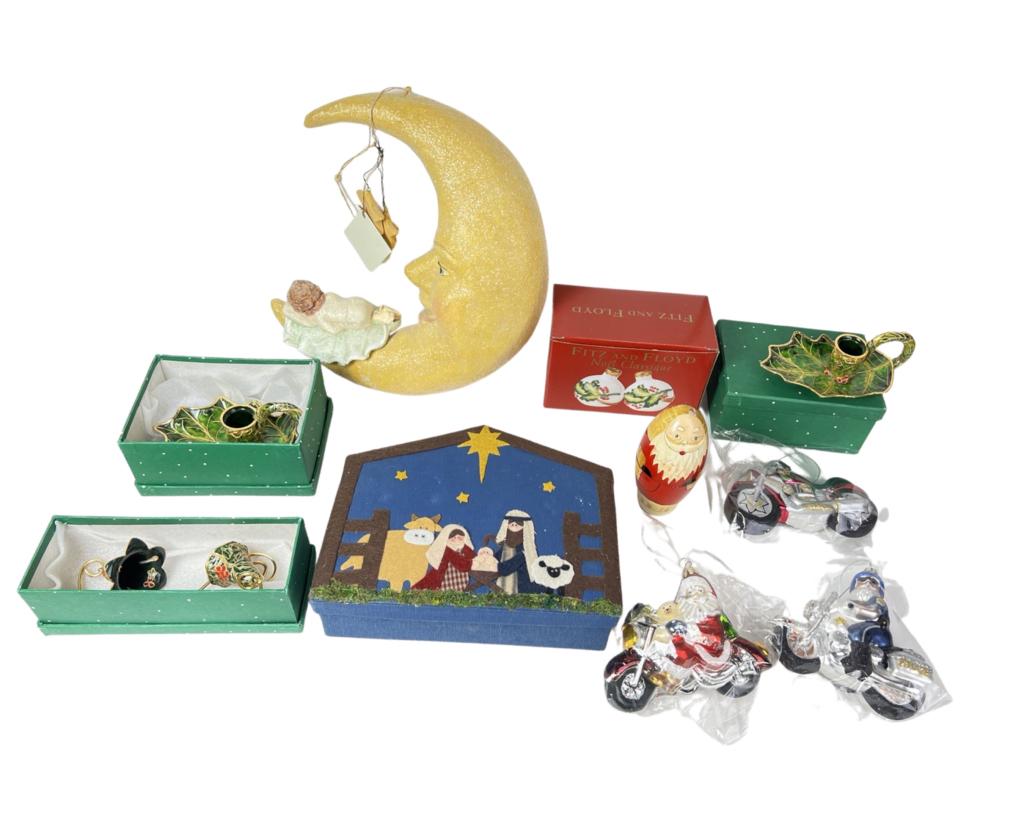 Christmas Decor & Ornaments- Santa Bikers, Fitz &: Lot ofChristmas Decorand Ornaments. 3 Santa Bikers Glass Ornaments;Fitz & Floyd; Fitz & Floyd Noel Classique Christmas Ornaments Salt & Pepper Shakers; Wooden Santa Nesting Doll; Nativity Set; Enamel