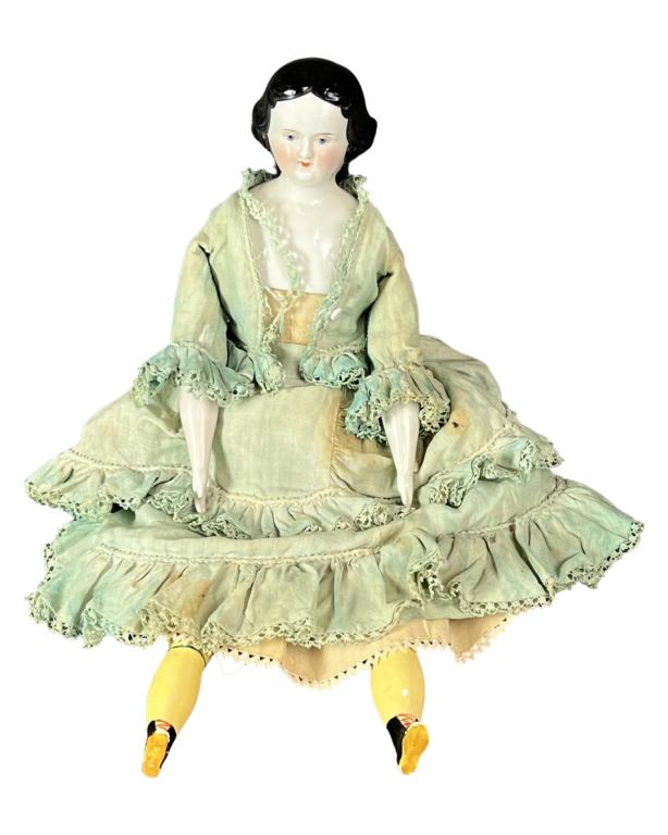 Antique Victorian Bisque Head & Cloth Body Doll: Antique Victorian 16" tall Bisque Porcelain Head, Hands and Legs & Cloth Body Doll. Good overall condition, some age related wear.