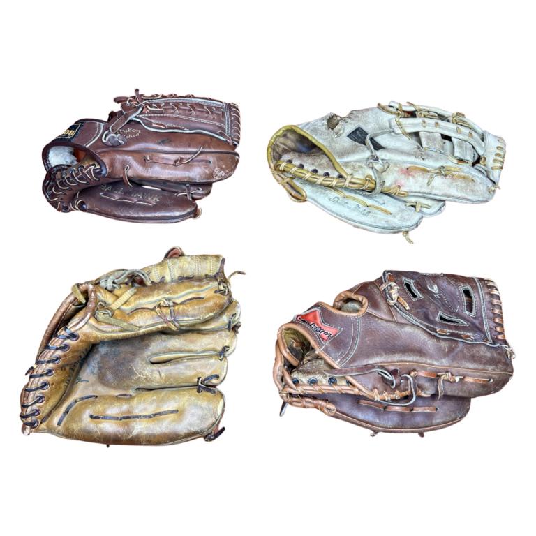 Lot of Vintage Baseball Gloves- Nokona, Wilson, Ws: Lot of Vintage Baseball Gloves- Nokona, Ted Williams, Wilson Ron Santo, Macgregor Hank Aaron Glove. All are in used condition.