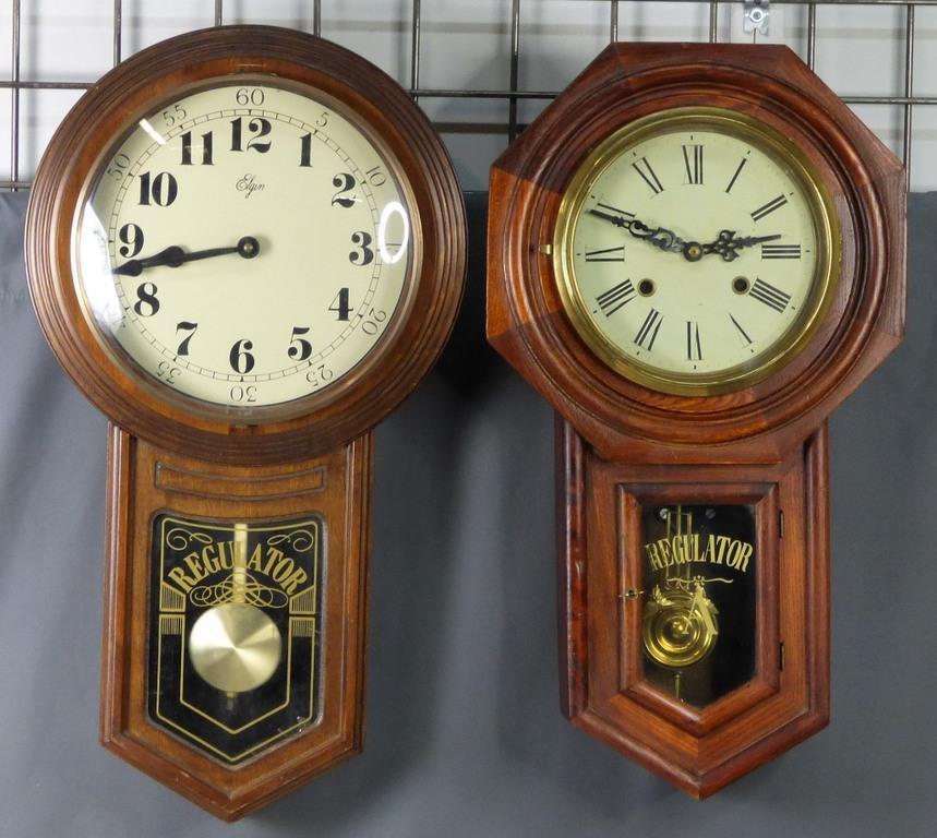 Two Vintage Wall Regulator Clocks- Elgin: Two Vintage Wall Regulator Clocks- one is Elgin. Botha re in good overall condition, Elgins door glass has to be reattached, clockworks unknown.