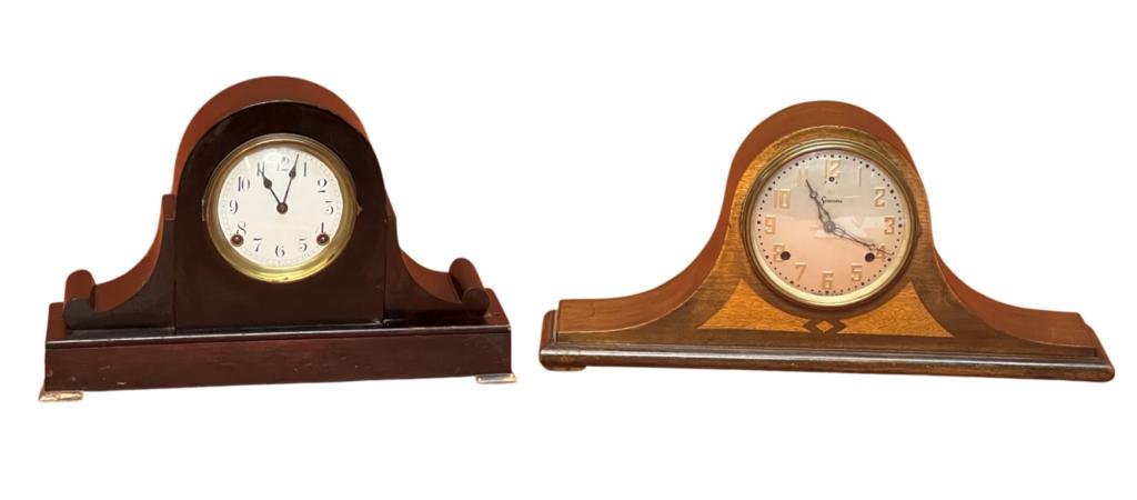 Two Antique Sessions Camel Back Mantel Clocks: Two Antique Sessions Camel Back Mantel Clocks. One is "Dulciana" Model in Mahogany Wood Case and Second is Eight Day Cathedral Gong Clock. 21" x 10" & 17" x 11". Both appear to be in good overall cond
