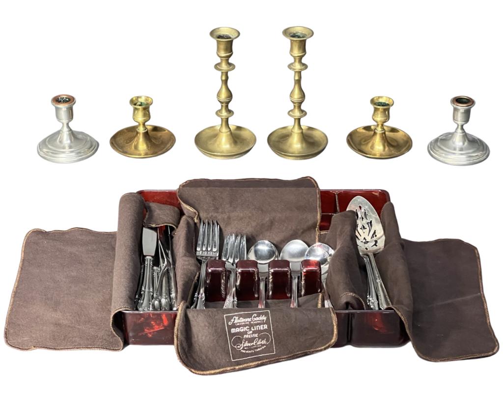 Salem Silvermiths Silverware/ Vintage Candlestics: Set of Salem Silversmiths Silverware and groupof vintage Candlesticks.