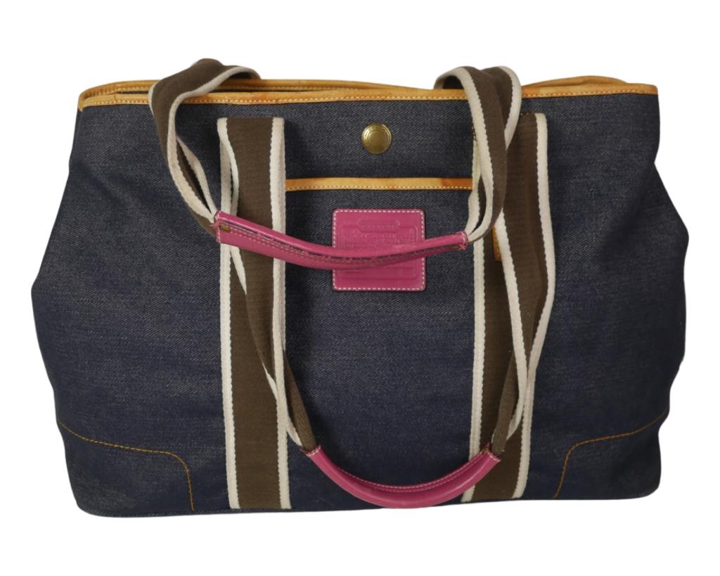 Coach Blue Demim Satchel Bag/ Handbag/ Tote: Coach Blue Demim Satchel Bag/ Handbag/ Tote. 19 1/2" x 11 1/2. Good Condition. Esquis Auction does not have specialists on designer purses and handbags and we can not guarantee authenticity of these i